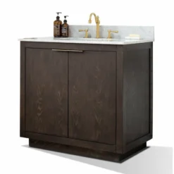 Www.urbanfurnishing.net All Bathroom Vanities Brady 36" Mid-century Vanity Set With White Italian Carrara Marble Top - Brown Oak 18 Www.urbanfurnishing.net All Bathroom Vanities Brady 36