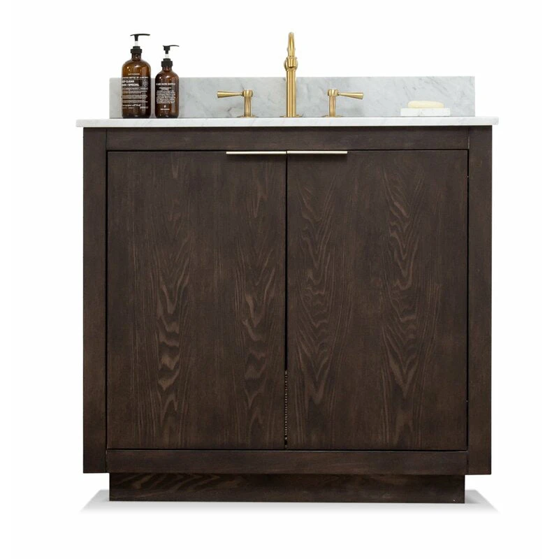Www.urbanfurnishing.net All Bathroom Vanities Brady 36" Mid-century Vanity Set With White Italian Carrara Marble Top - Brown Oak 4 Www.urbanfurnishing.net All Bathroom Vanities Brady 36" Mid-century Vanity Set With White Italian Carrara Marble Top - Brown Oak