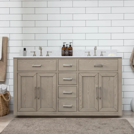 Www.urbanfurnishing.net All Bathroom Vanities Grace 60" Mid-century Vanity Set With Carrara White Quartz Top - Antique Gray Oak (SOLD OUT)