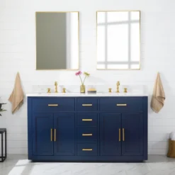 Www.urbanfurnishing.net All Bathroom Vanities Grace 60" Vanity Set With Carrara White Quartz Top - Navy Blue