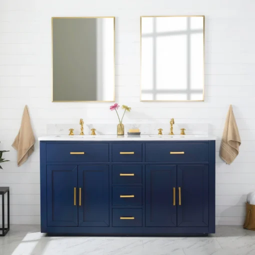 Www.urbanfurnishing.net All Bathroom Vanities Grace 60" Vanity Set With Carrara White Quartz Top - Navy Blue